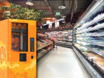 A brightly coloured fridge in a shop