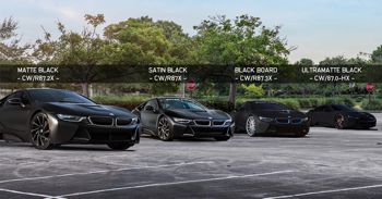Four cars covered in different shades of black film