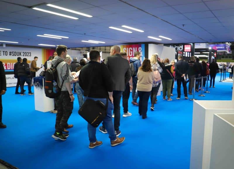 A line of people waiting to enter the SDUK exhibition